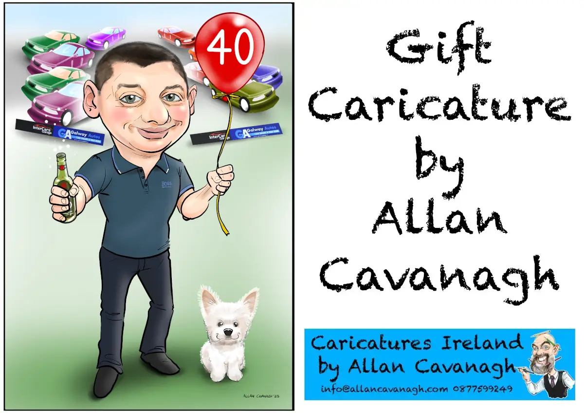 Caricature Gift for Car Salesman. Man holding red balloon with 40 on it with a beer in his other hand. A small white dog is nearby. In the background are cars and signs for the car showroom.