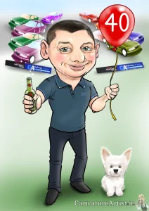 Caricature Gift for Car Salesman: Man holding red balloon with 40 on it with a beer in his other hand. A small white dog is nearby. In the background are cars and signs for the car showroom
