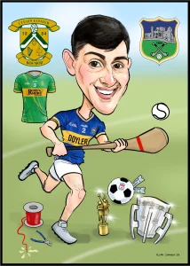 Caricature of Clonoulty Rossmore hurler Robert Doyle by Allan Cavanagh