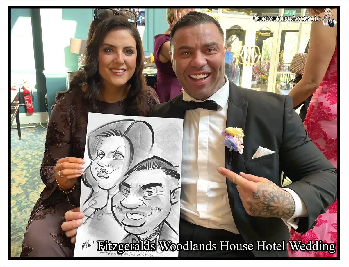 Fitzgeralds Woodlands House Hotel Wedding Entertainment couple with caricature by Allan Cavanagh