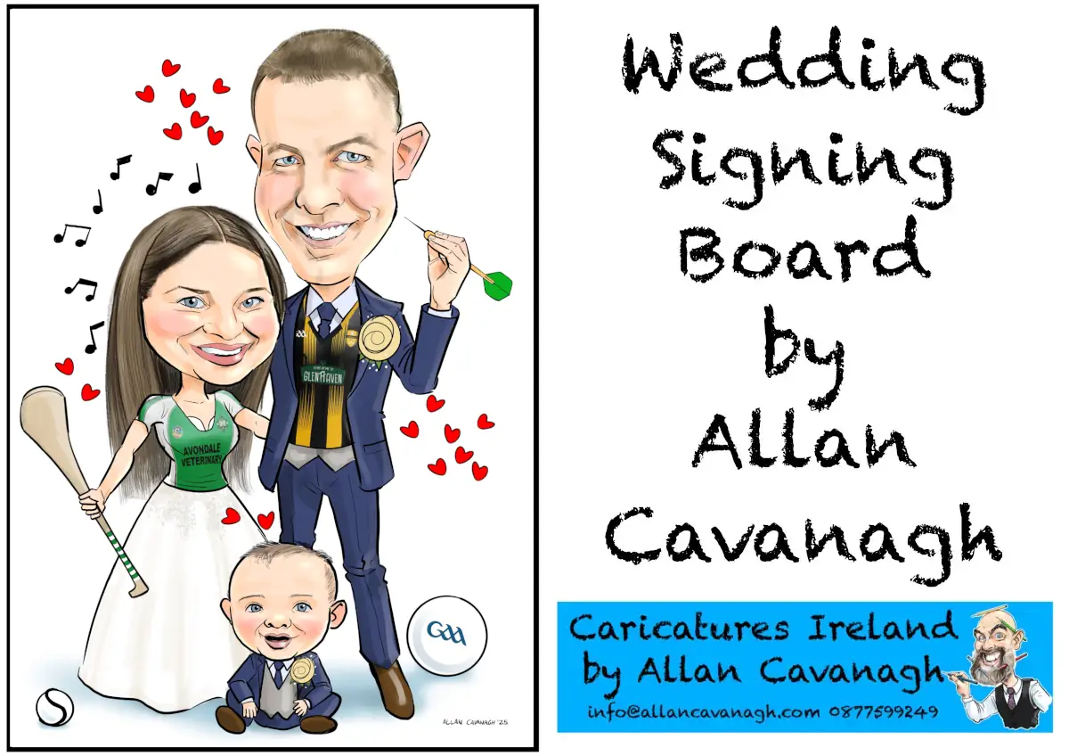 Gaa theme wedding signing board couple with baby hurling
