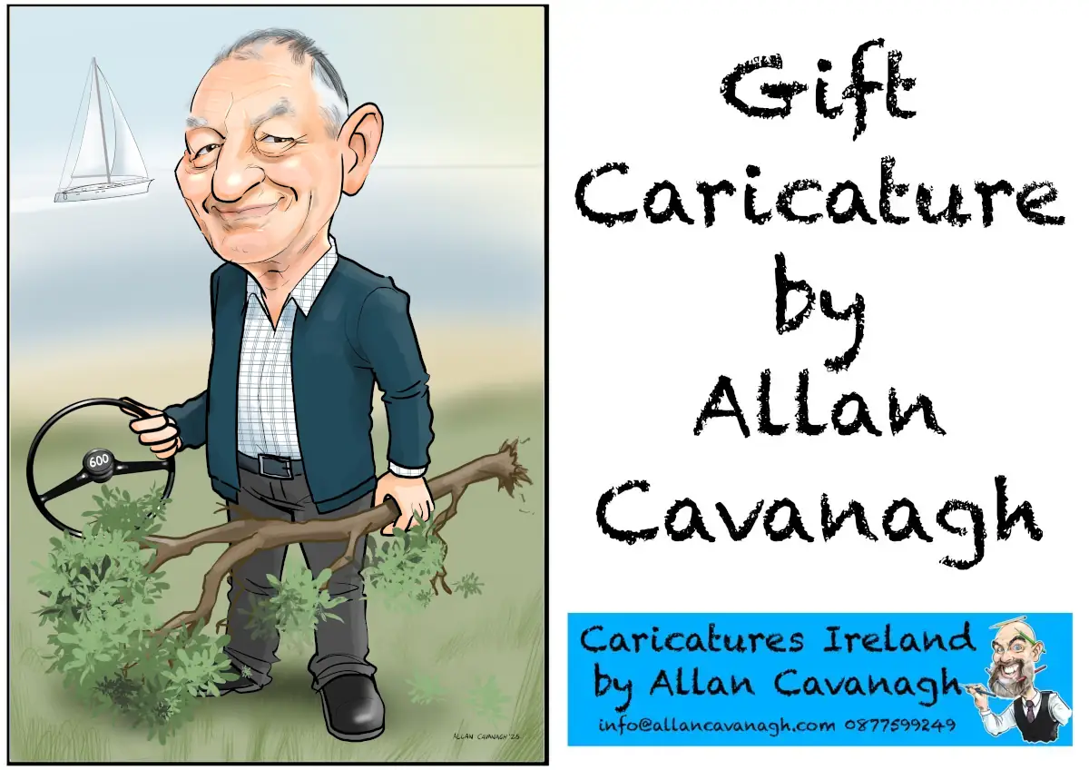Gifts for Dads who like Vintage Cars and Sailing. Caricature of a man holding a vintage car steering wheel and a branch with a yacht in the background