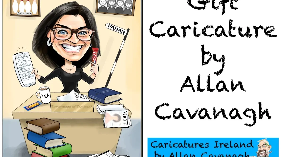 Gifts for Women Ireland: this caricature gift features the subject at her desk with various books and magazines including Bunreacht Na hÉireann/Irish Constitution, copies of Vogue, and Irish Times Style Magazine. She's got a cup of tea and Twix and Yorkie on the go on a well-deserved break