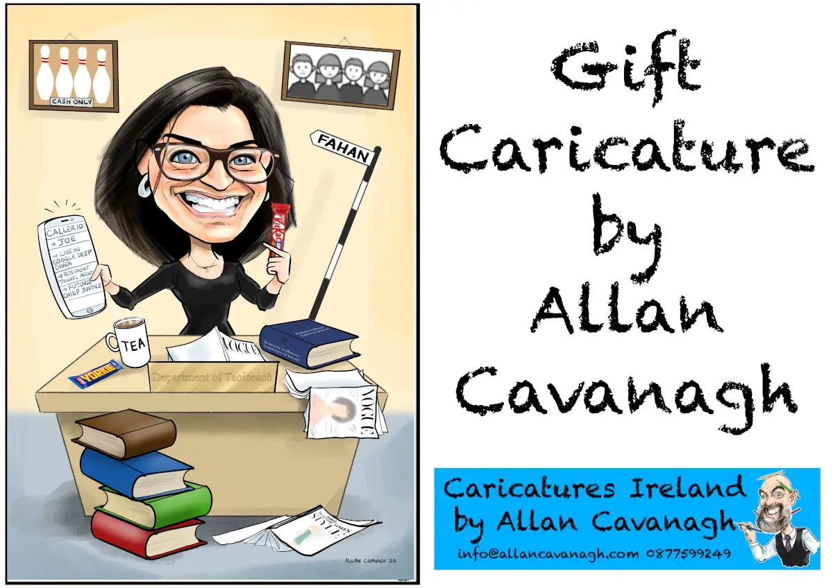 Gifts for Women Ireland: this caricature gift features the subject at her desk with various books and magazines including Bunreacht Na hÉireann/Irish Constitution, copies of Vogue, and Irish Times Style Magazine. She's got a cup of tea and Twix and Yorkie on the go on a well-deserved break