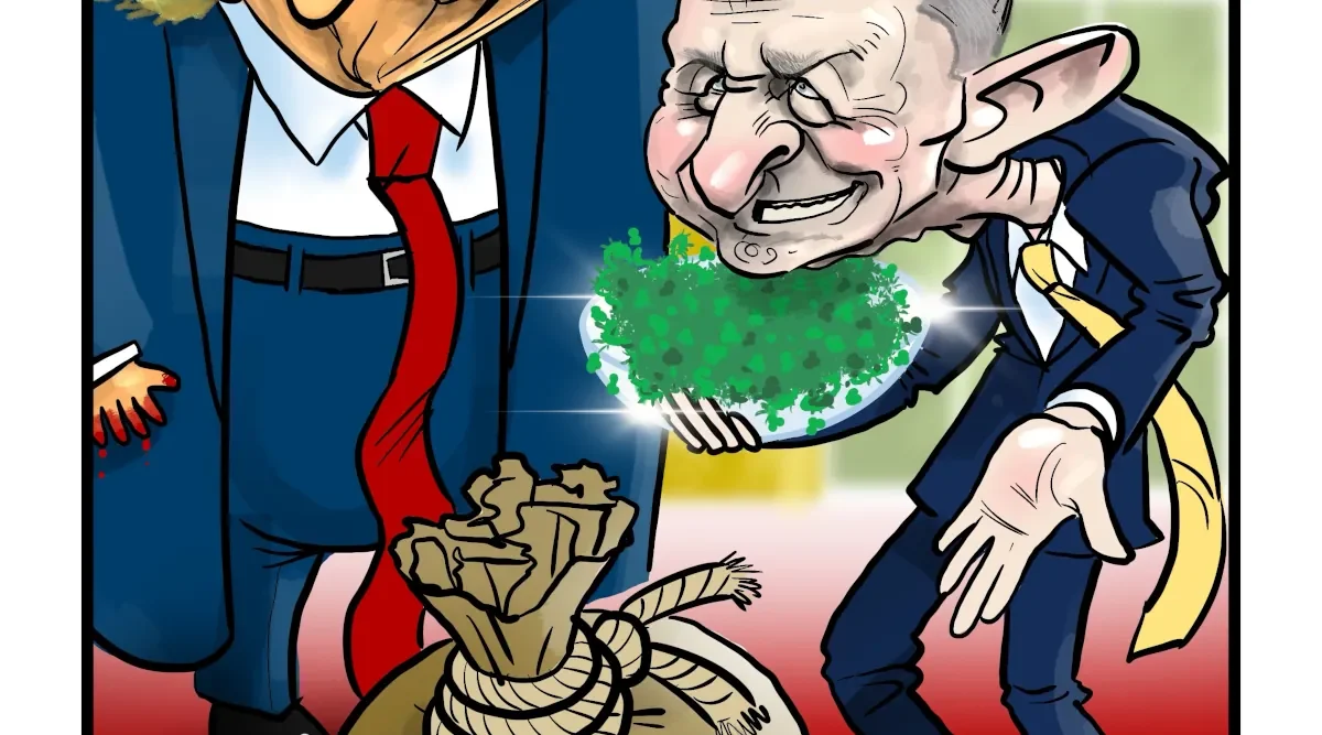 Micheál Martin meeting Trump Saint Patricks Day White House 2026. Cartoon of Donald Trump patting Micheál Martin on the head as he presents Trump with a bowl of shamrocks and a sackful of homeless children.