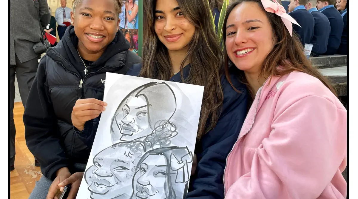 Student Enterprise Awards Athlone 2026 photo of 3 students with their caricature by Allan Cavanagh
