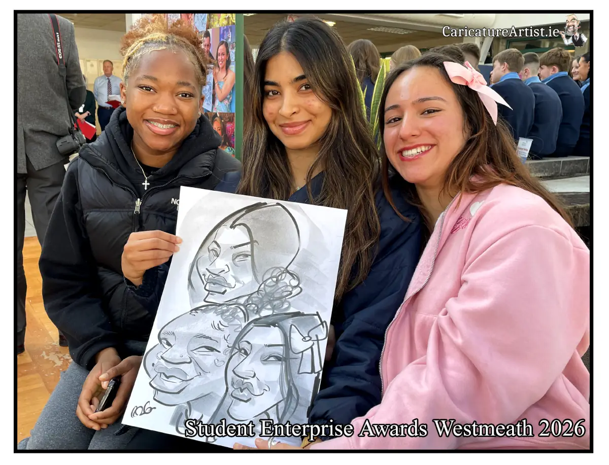 Student Enterprise Awards Athlone 2026 photo of 3 students with their caricature by Allan Cavanagh