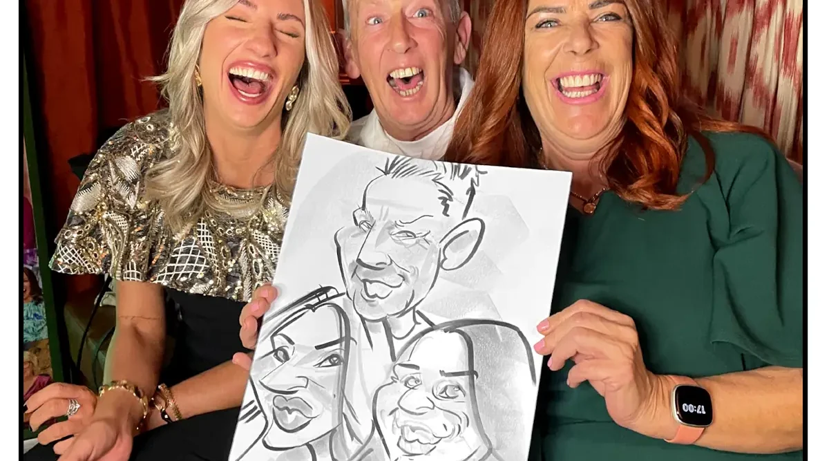 Wedding at The Leinster Dublin 2 Live Caricatures by Allan Cavanagh 3 people laughing holding caricature