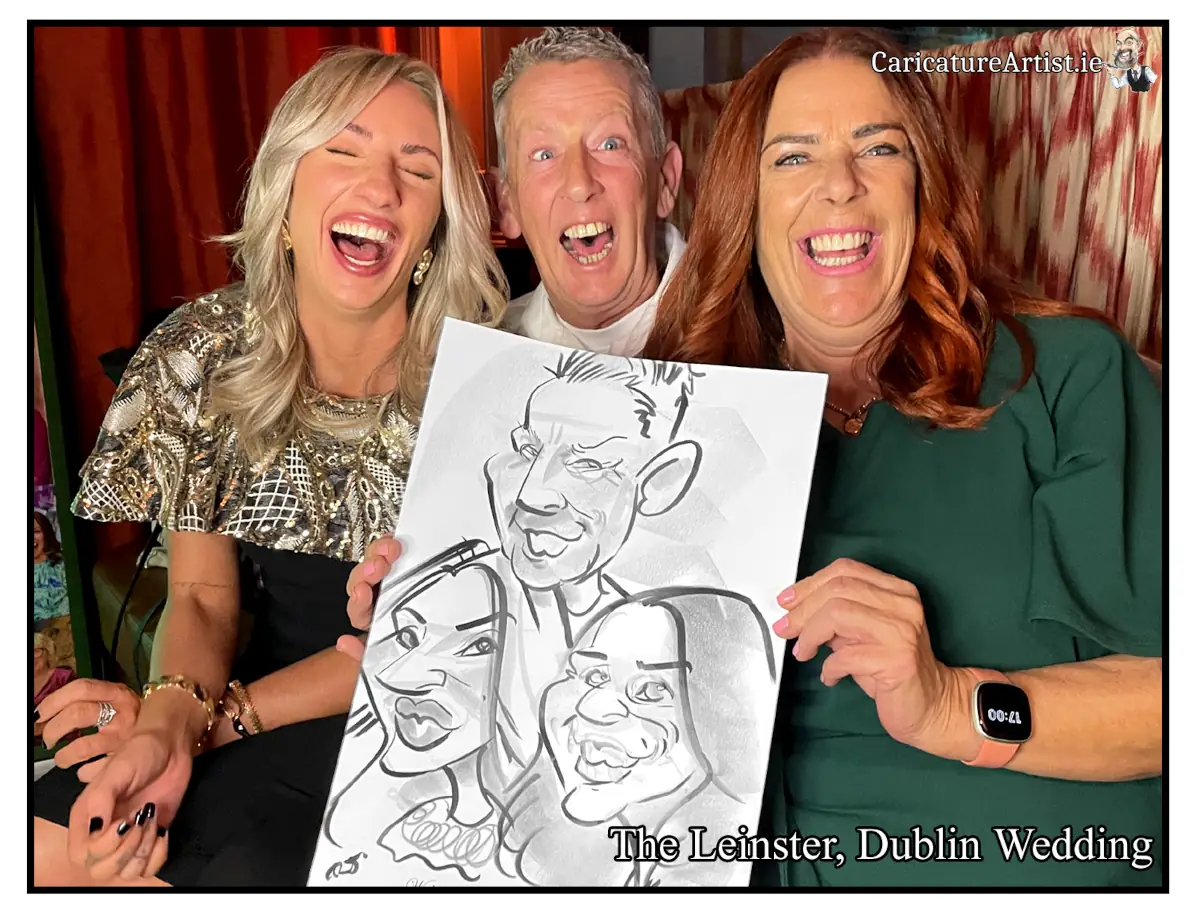 Wedding at The Leinster Dublin 2 Live Caricatures by Allan Cavanagh 3 people laughing holding caricature