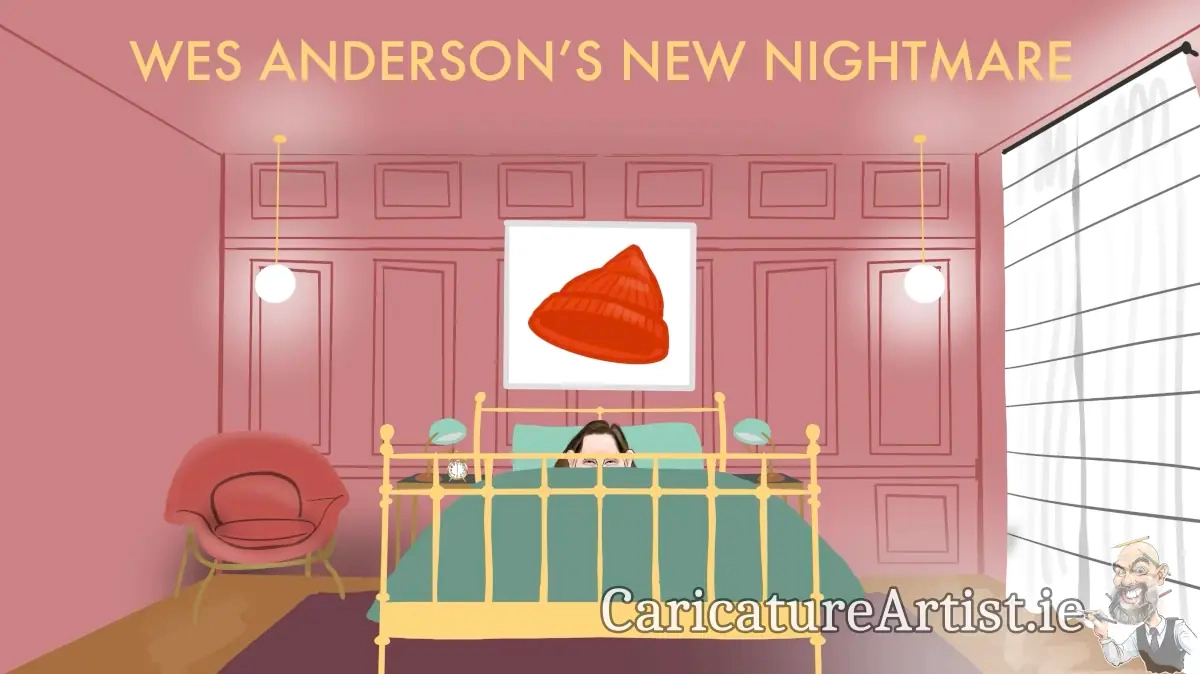 Wes Andersons New Nightmare: still from an animated short by Allan Cavanagh featuring Wes Anderson in bed in a symmetrically composed bedroom shot