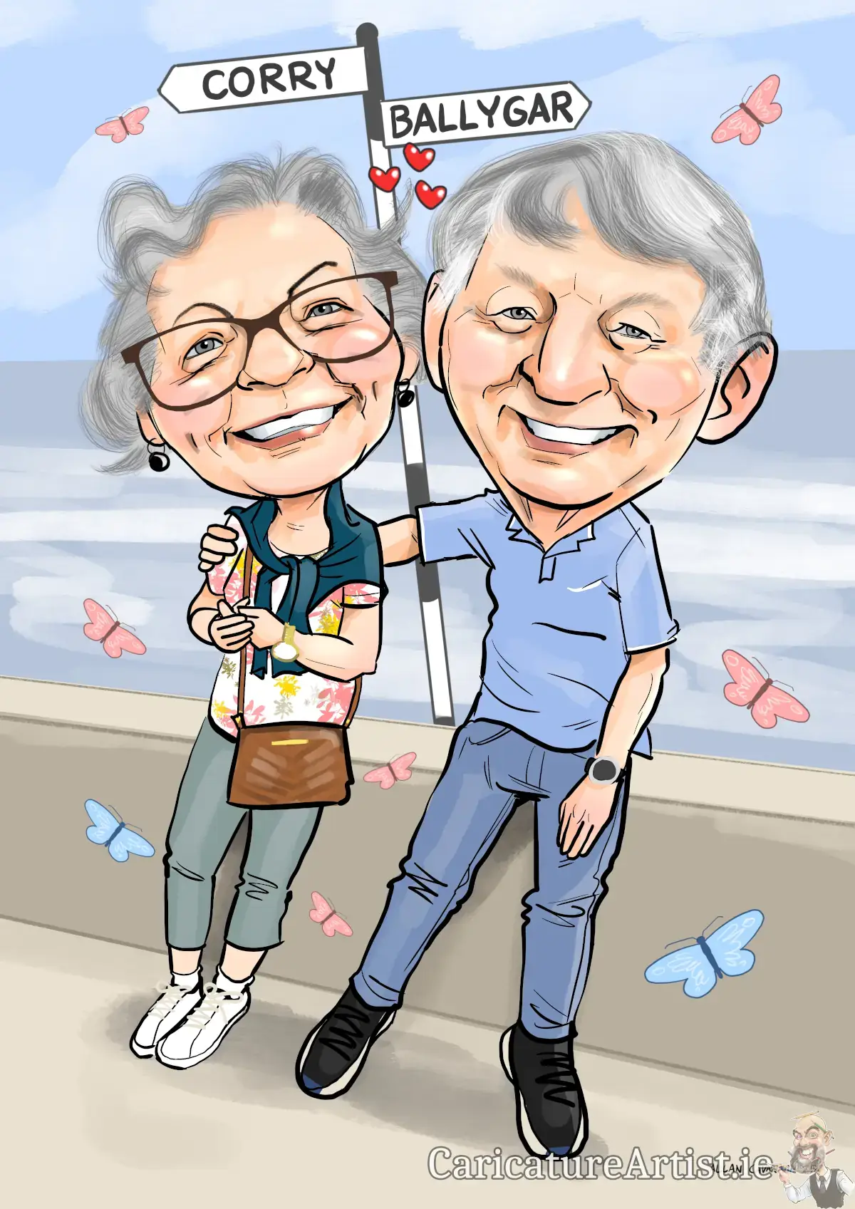 Gifts for Mums and Dads Ireland caricature. Caricature features an older couple at the seaside surrounded by butterflies