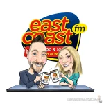 Branded Mugs: East Coast FM Freshly Squeezed with Rob and Laura cartoon caricature featuring male and female radio presenters clinking coffee cups that feature the same artwork recursively