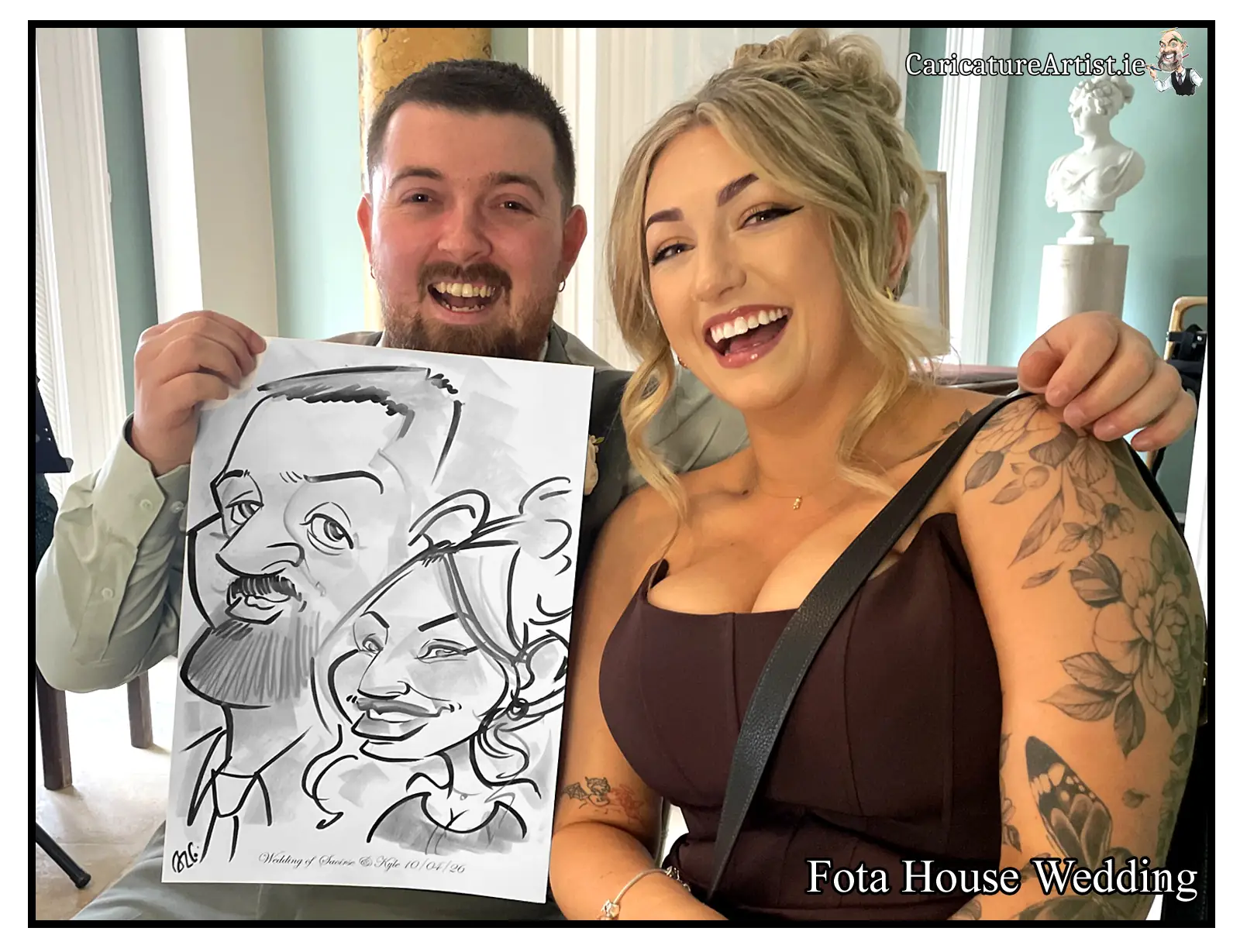 Fota House Wedding Entertainment Caricature Artist Cork young couple laughing and holding caricature of themselves by Allan Cavanagh