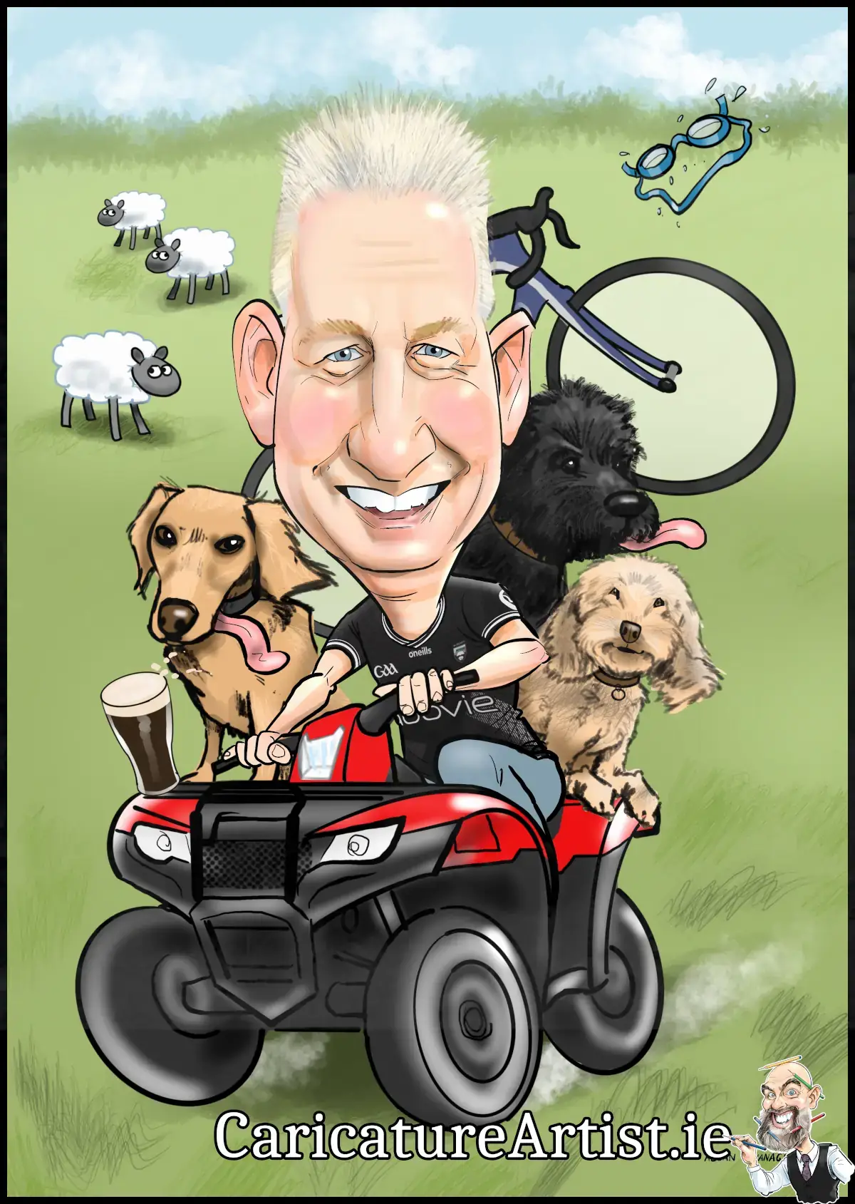 Gift Ideas for Farmers Ireland caricatures by Allan Cavanagh. Image is a caricature of an Irish farmer on a quad with this three dogs and a bicycle and a pint of Guinness perched on the vehicle. Swimming goggles are flying off behind him and he's in a field full of sheep.
