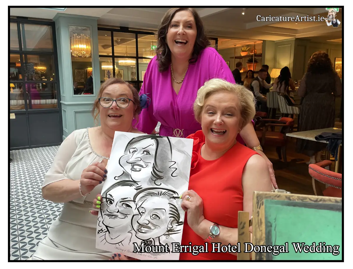 Best Letterkenny Wedding Entertainment Caricatures for Weddings by Allan Cavanagh in Mount Errigal Hotel Donegal. Image shows three women laughing and holding caricatures by Donegal Caricature Artist Allan Cavanagh