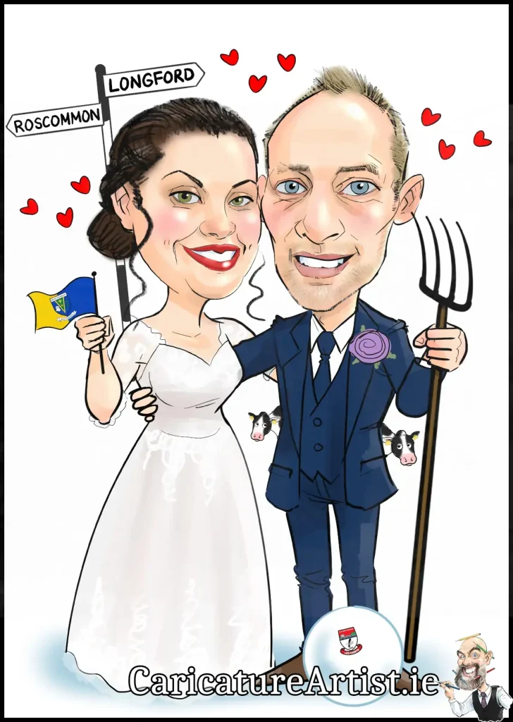 Large Guest Signing Board for Weddings Large Guest Signing Board for Weddings image depicts a bride and groom caricature with GAA references and dairy cows in the background