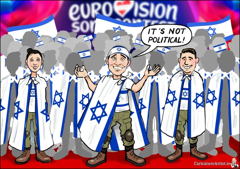 eurovision song contest 2026 Israel cartoon eurovision song contest 2026 Israel cartoon Image description: a cartoon showing a crowd of people at the Eurovision Song Contest 2026. They are draped in the Israeli flag worn over their shoulders, under the flags they wear the trousers and boots of the IDF uniform. They look happy and carefree. A smiling man in the centre of the crowd is saying, in a speech bubble, "it's not political!"