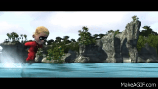 Dash from the Incredibles realising he can run on water animated gif