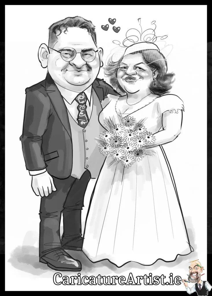 Black and white caricature of newlywed couple in wedding suit and wedding dress by Irish Caricaturist Allan Cavanagh