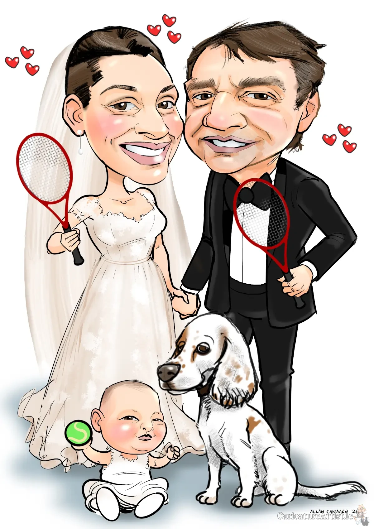 Guest Signing Board for Weddings featuring caricature of newlywed couple, baby, pet dog, and tennis rackets