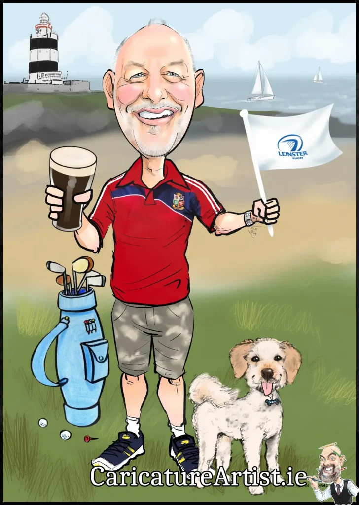 Personalised Caricature Ireland man with dog at Hook Lighthouse