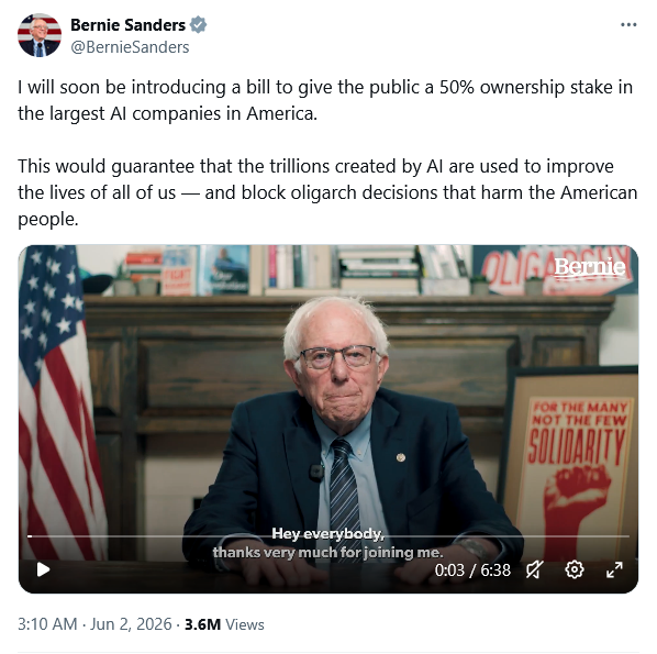 Screenshot 2026 06 02 at 21 21 04 Bernie Sanders on X I will soon be introducing a bill to give the public a 50pc ownership stake in the largest AI companies in America