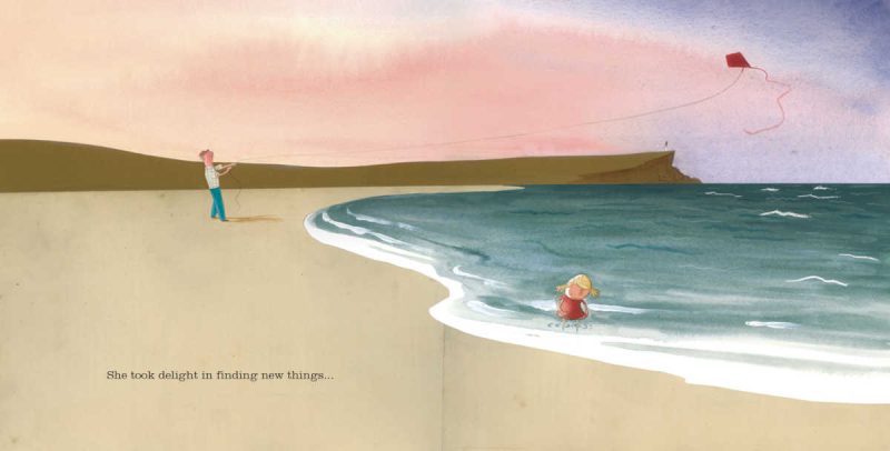 Oliver Jeffers The Heart and the Bottle Kennys Bookshop visit November 2026. Image is an illustration of a young girl on a beach with a man flying a kite. Text says "She took delight in finding new things..."