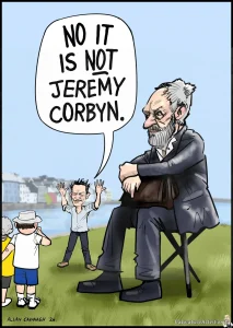 Seated Figure by sculptor Sean Henry installed in Galway. Cartoon of Artist Sean Henry standing next to his Seated Figure bronze sculpture in the Claddagh Galway with the Long Walk in the background. In the foreground some passersby are standing looking at the artist. The artist is exclaiming loudly "No it is NOT Jeremy Corbyn."
