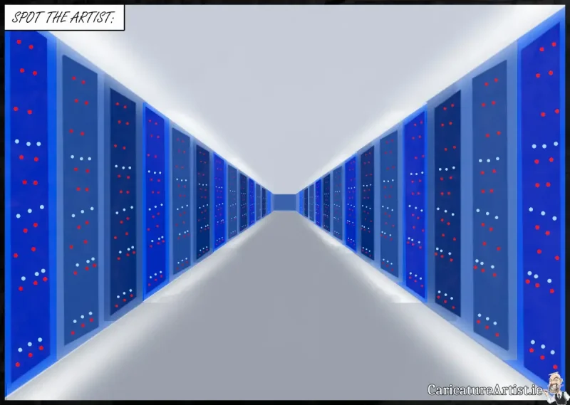 Westside Library Galway Using Generative AI to promote events in the library image is a simple cartoon of server racks with caption that says spot the artist