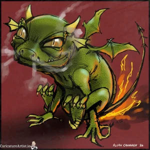 when your baby dragon has the scoots: cartoon of a baby dragon pulling himself along on his little dragon butt, small licks of flame dragging behind him, while smoke comes out his nostrils