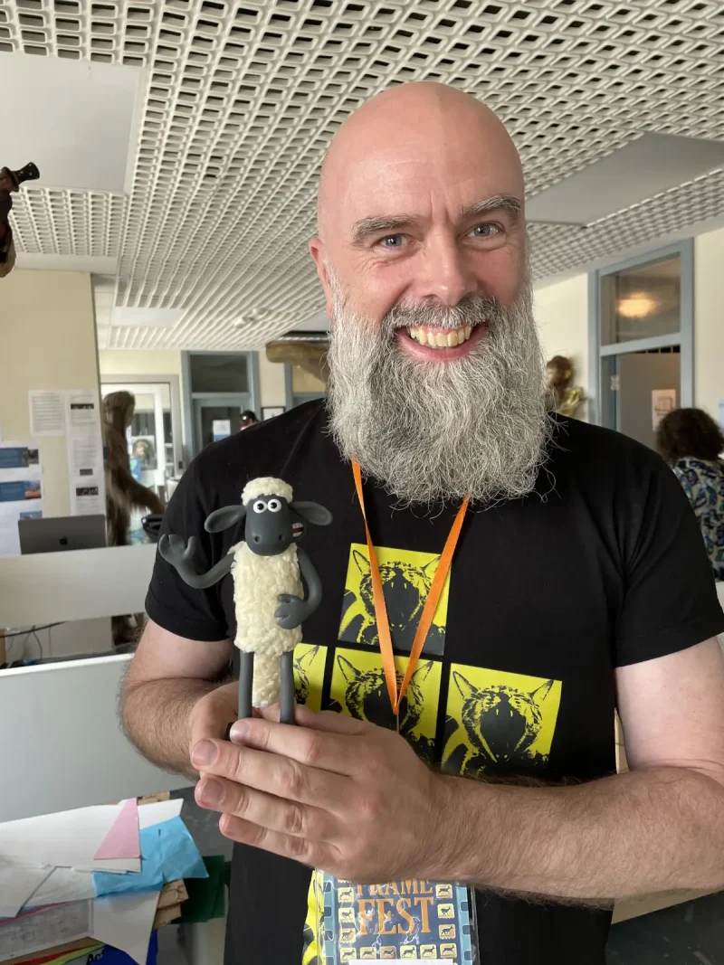 Frame Fest Stop Motion Festival 8 2026 08 31 21 10 Cartoonist Allan Cavanagh with Shaun the Sheep puppet at Frame Fest Stop Motion Festival 2026