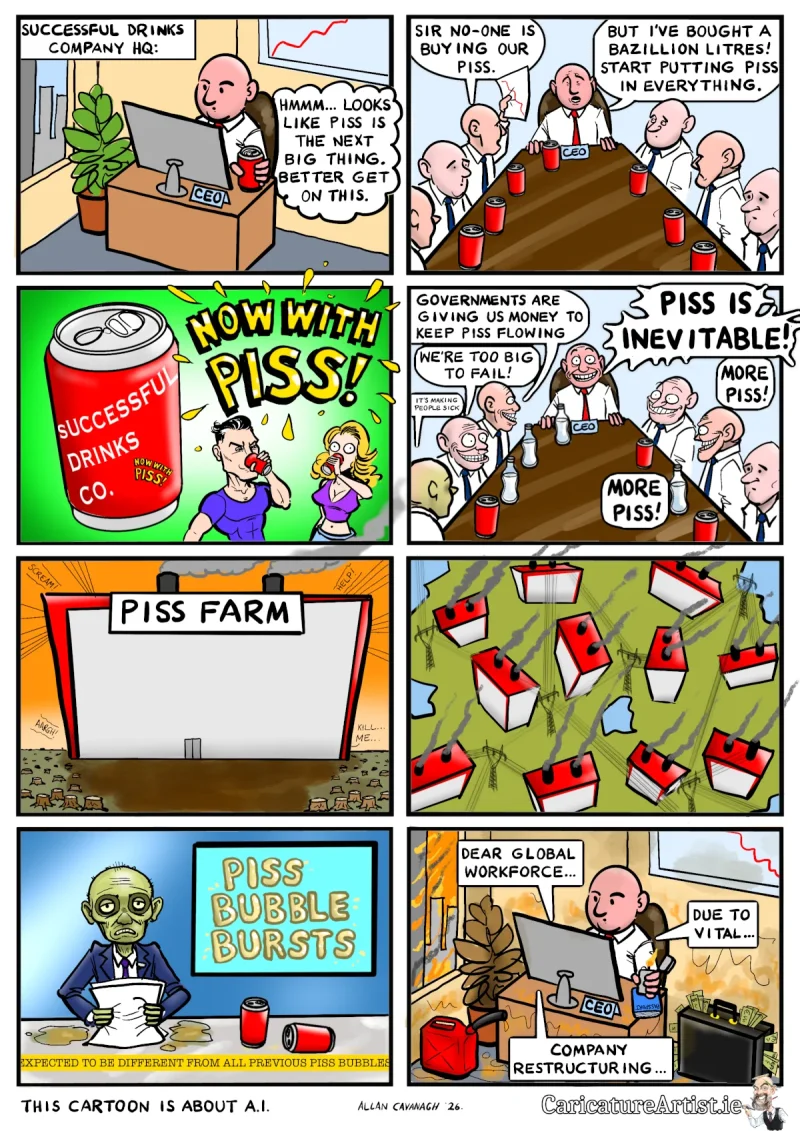 Cartoon about the Generative AI Bubble by Allan Cavanagh Cartoon about the Generative AI Bubble by Allan Cavanagh. Image Description: 8 panel cartoon strip. Panel 1: A CEO sitting at his desk looking at his computer, holding a red drinks can. Caption: SUCCESSFUL DRINKS COMPANY HQ. Thought bubble: HMMM... LOOKS LIKE PISS IS THE NEXT BIG THING. BETTER GET ON THIS. Panel 2: CEO in a boardroom meeting. Everyone has red drinks cans. Executive speaks: SIR NO-ONE IS BUYING OUR PISS. CEO speaks: BUT I'VE BOUGHT A BAZILLION LITRES! START PUTTING PISS IN EVERYTHING. Panel 3: An ad campaign with attractive man and woman drinking from red cans. A large red can is in the frame with SUCCESSFUL DRINKS CO. written on it. Large yellow writing in the frame declares NOW WITH PISS! Panel 4: Many execs are speaking over each other, including GOVERNMENTS ARE GIVING US MONEY TO KEEP PISS FLOWING. WE'RE TOO BIG TO FAIL! The CEO is declaring PISS IS INEVITABLE!. One exec is turning green and saying quietly it's making people sick. Most of the execs are now drinking bottled water instead of their red drink cans. Panel 5: An imposing large building with PISS FARM written on a sign. Smoke belows. Human screams come from inside. In the foreground are the stumps of trees. Panel 6: An aerial view of dozens of this buildings dotted all over the landscape, smoke belching from them. Electrical wires and pylons punctuate the scene. Panel 7: An ill-looking news reporter is in a news studio. A screen behind him declares PISS BUBBLE BURSTS. A graphic ticker tape on screen rolls along the bottom of the frame. It says EXPECTED TO BE DIFFERENT FROM ALL PREVIOUS PISS BUBBLES Panel 8: The CEO is back at his desk. The city is on fire out his window. A potted plant has turned brown. A petrol can is in the foreground and the office has been doused in fuel. A black briefcase sits beside his desk, stuffed with cash. He has his passport on the desk. He holds a ligher in his hand as he composes an email. DEAR GLOBAL WORKFORCE... DUE TO VITAL... COMPANY RESTRUCTURING... A caption at the bottom of the strip says THIS CARTOON IS ABOUT AI.