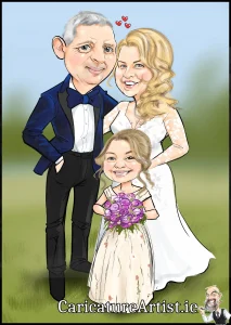 Personalised and Unique Wedding Presents Ireland. Caricature of a happy newlywed couple with flowergirl child in the middle holding flowers. The bride is in a white dress and has long flowing blonde hair. The groom has short grey hair and is wearing a dark blue velvet jacket and black trousers, with a bow-tie. The three people are standing in a green garden with a blue sky behind them. Three small red love hearts float in the air near the couple's heads.
