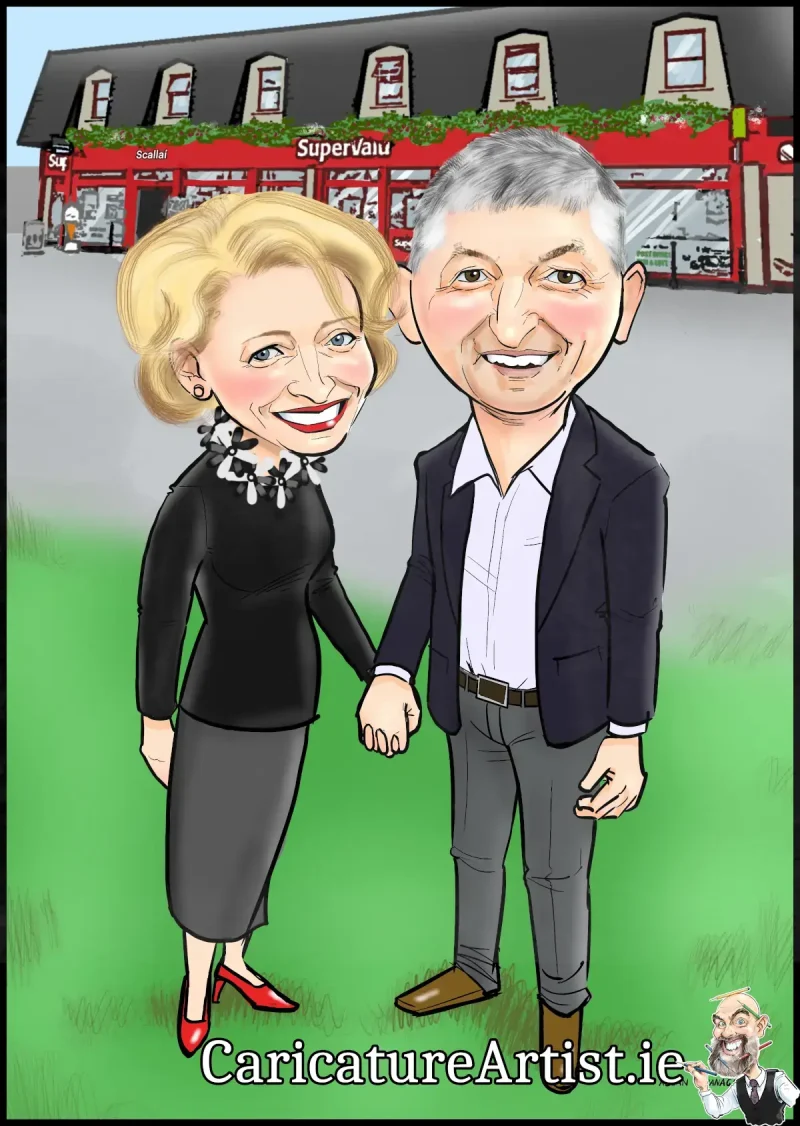 Unique Art Retirement Gifts by Allan Cavanagh Unique Art Retirement Gifts by Allan Cavanagh. Image shows a caricature of a couple standing in front of a Supervalu store