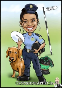 Gardai Graduation Gifts Gardai Passing Out Gifts: image is a caricature of a Bean Garda (female Irish police officer) in uniform holding a horse-riding helmet, with her pet dog in the background. She's holding a rugby ball and her GAA jersey is in the background.