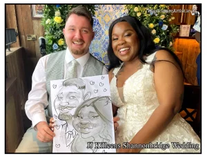 JJ Killeens Shannonbridge Caricature Artist for Weddings Allan Cavanagh. Photo shows a newly-married couple holding a caricature drawing of themselves by Ireland's top caricaturist Allan Cavanagh.